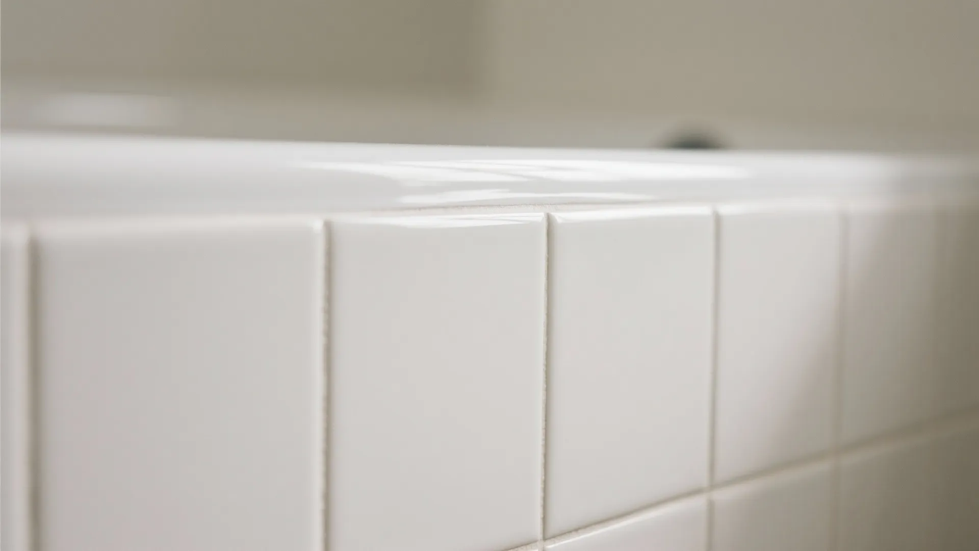 Macro of satin-white tub surround tile with clean grout and soft reflections.