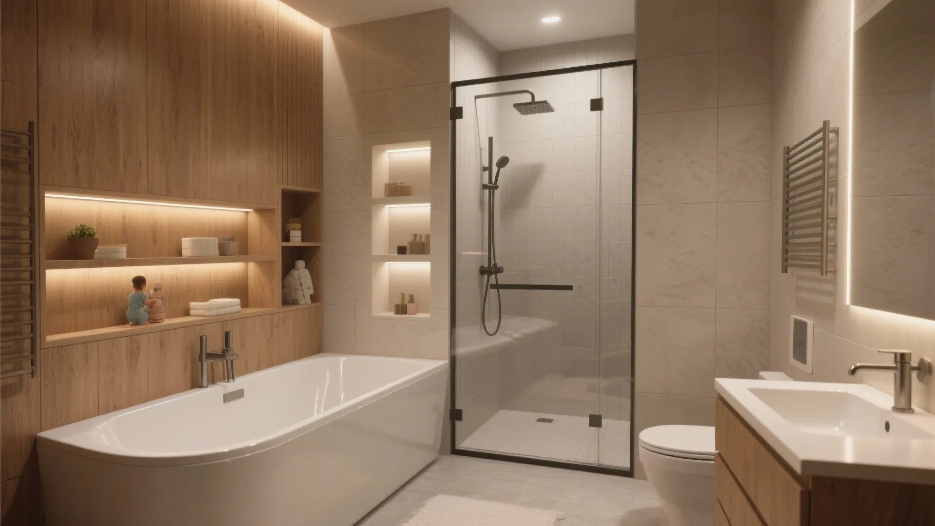 Bathroom interior design with white bathtub glass shower door wooden wall panels and warm accent lighting