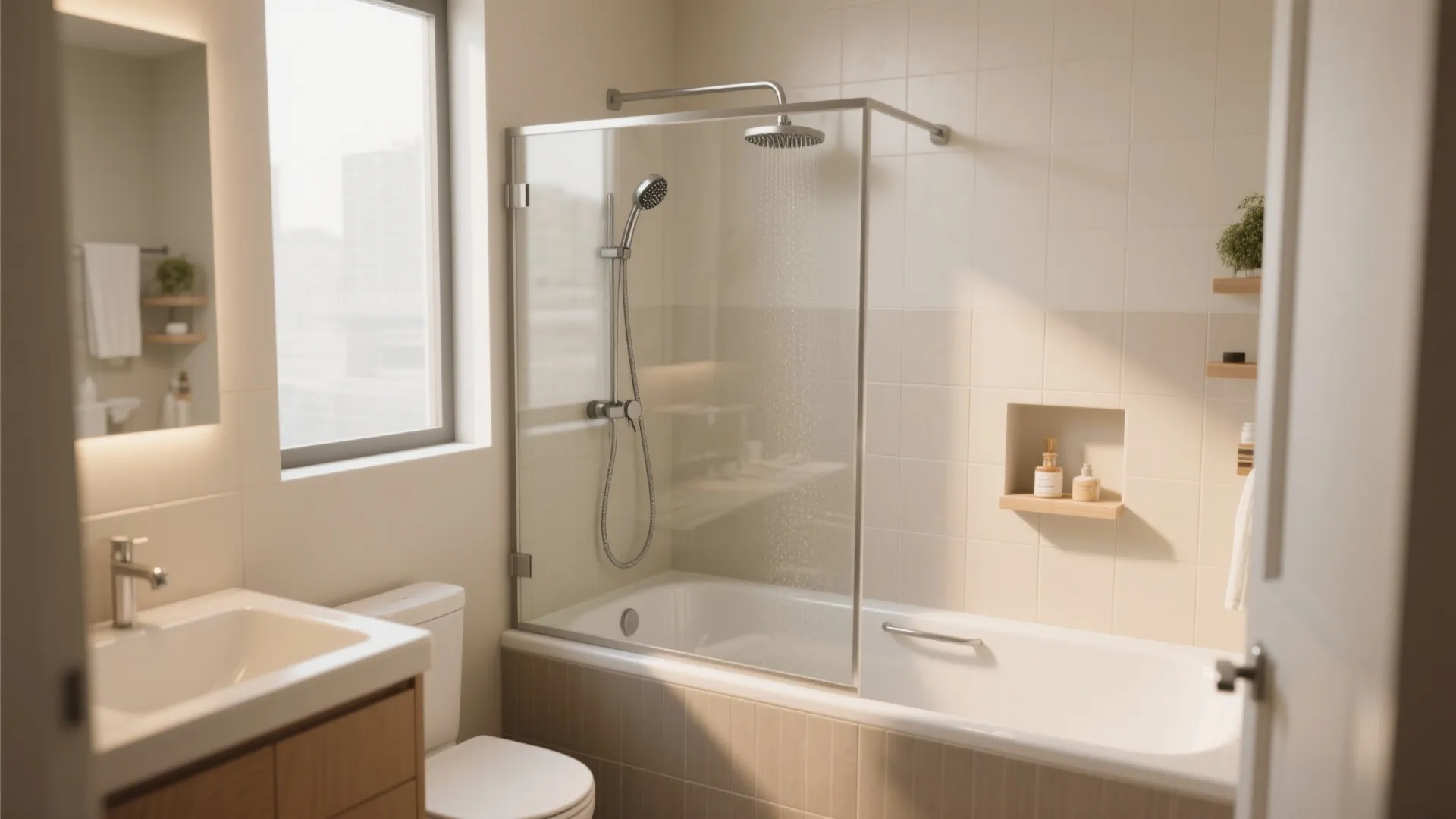 Bathroom interior design featuring white bathtub with glass screen wall tiles and a vanity sink