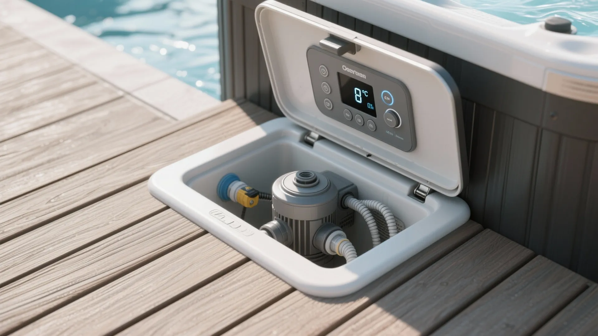 Close-up of a hot tub digital control panel and pump access hatch on decking.