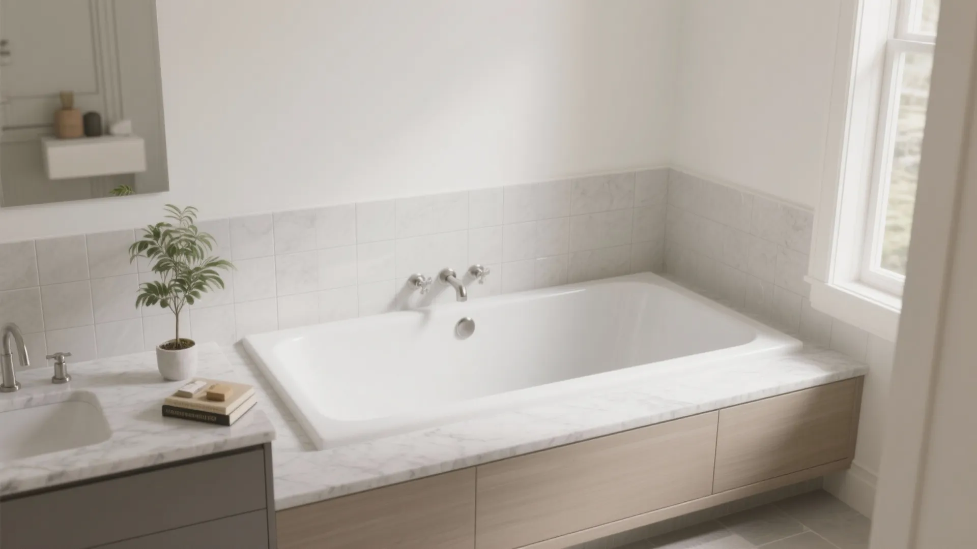 Tub deck that doubles as a seat and shelf