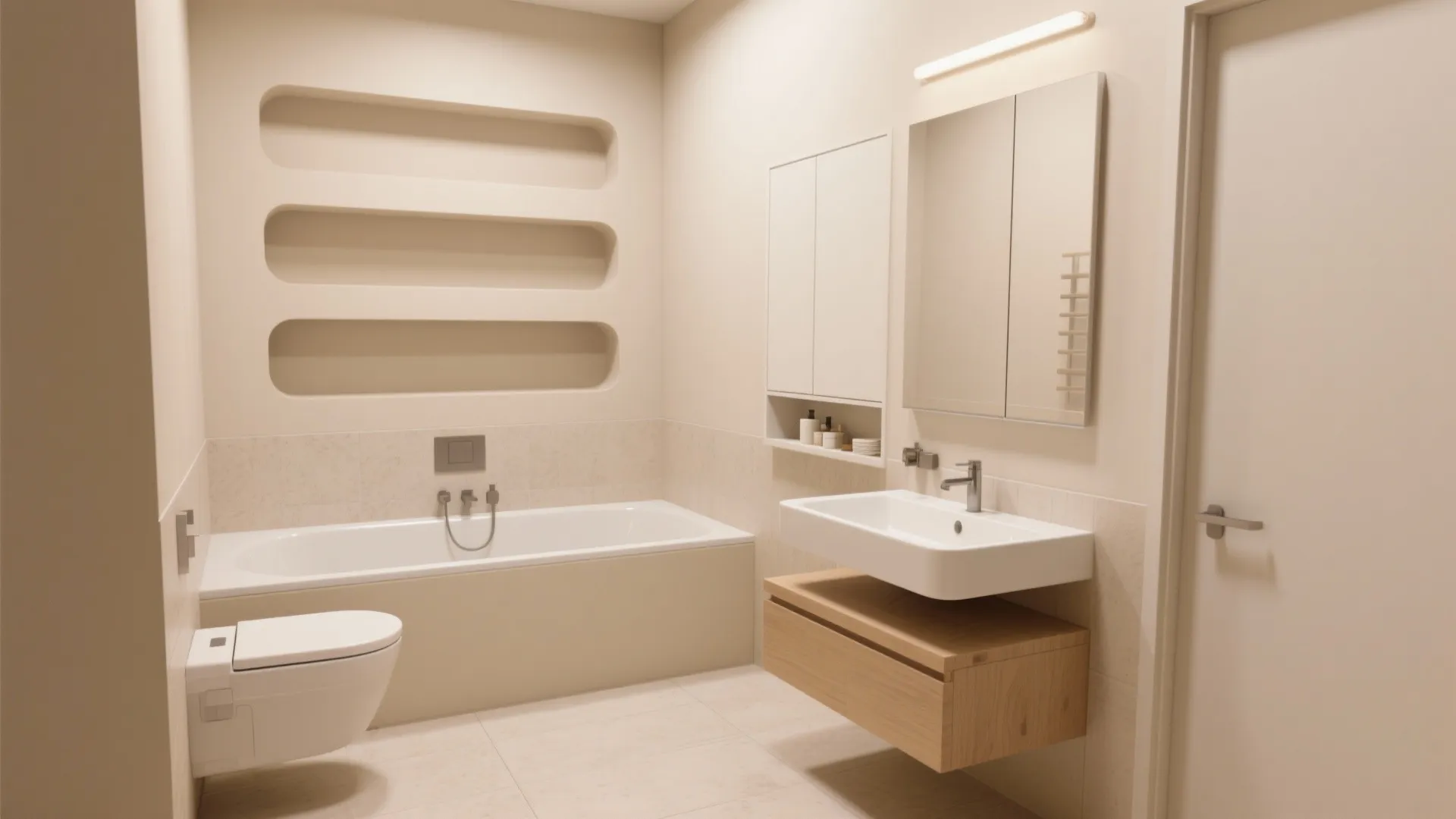 Compact deep soaking tub paired with a wall-mounted floating vanity and recessed niches in a small bathroom