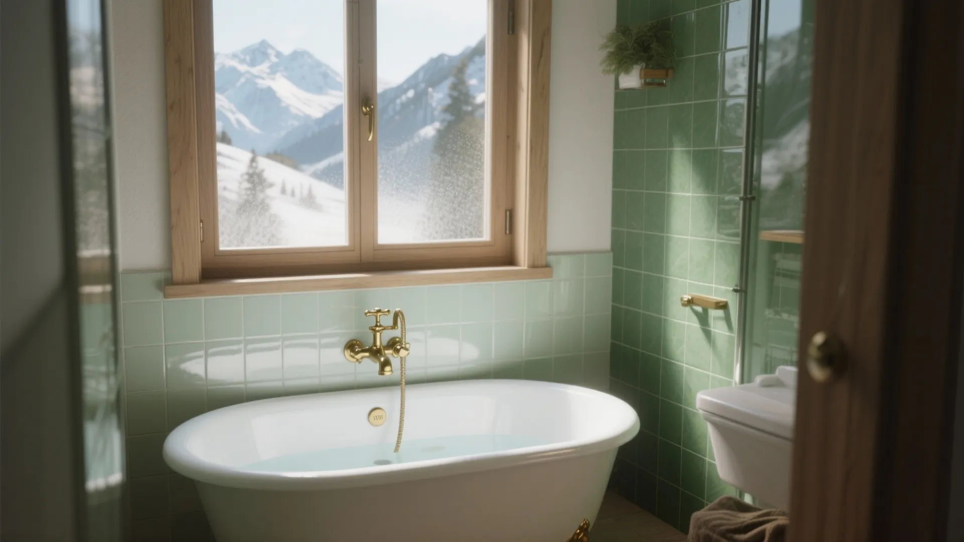 Green tiled bathroom featuring white bathtub with gold faucet, wood window, and snowy mountain landscape