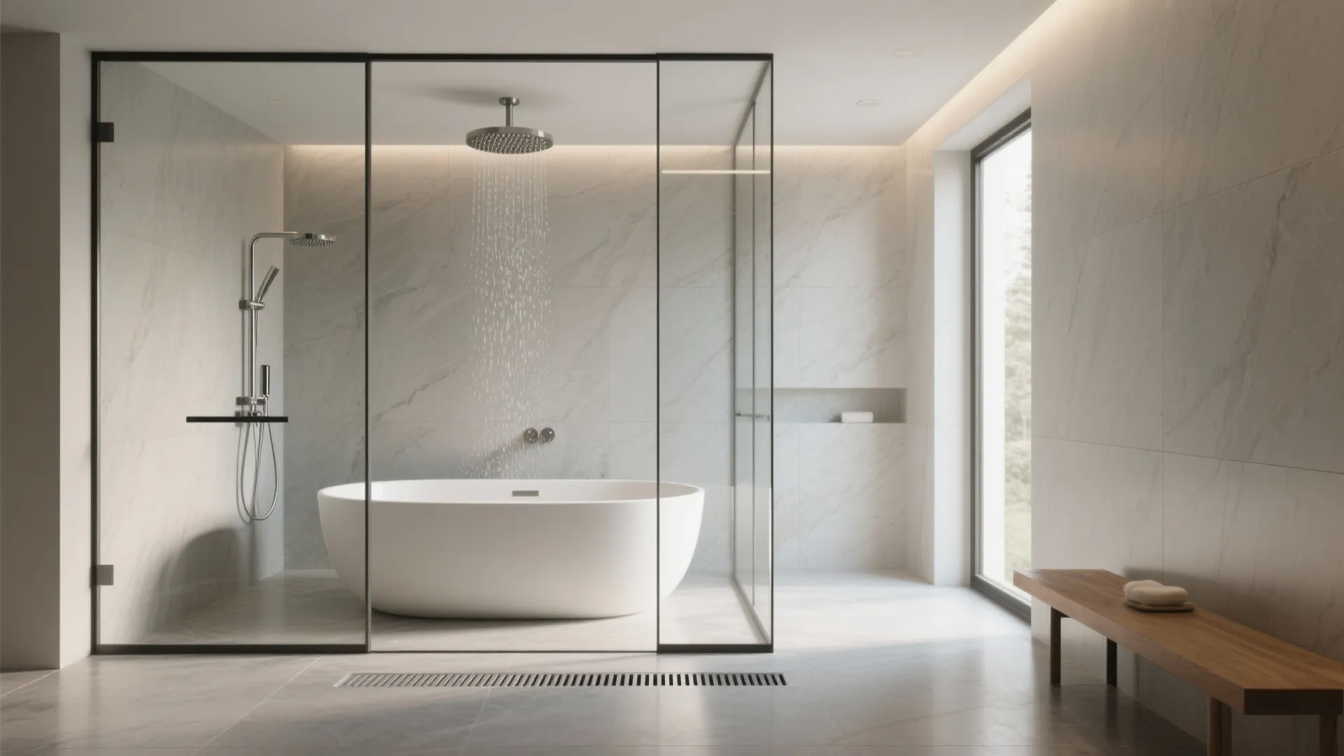 Freestanding tub inside an oversized shower