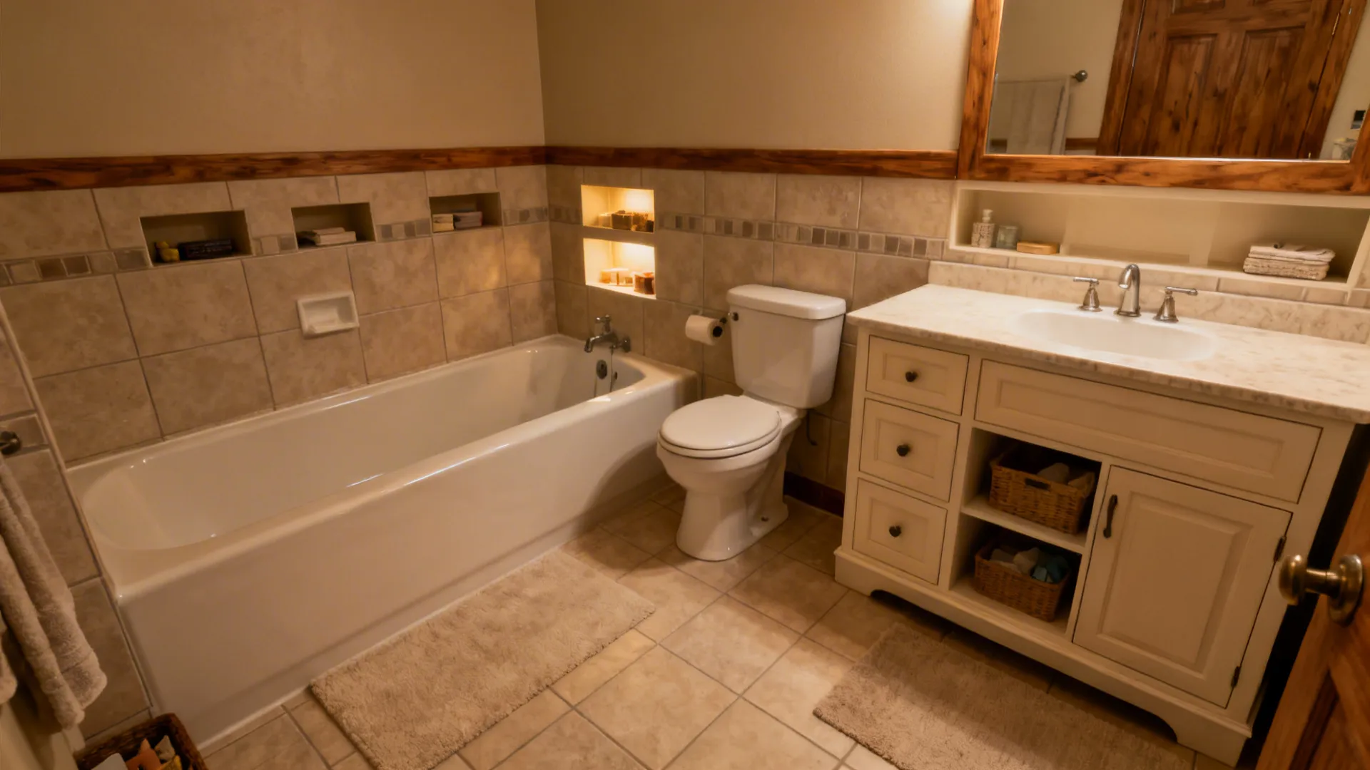 Small bathroom with a 60-inch tub, compact vanity, and toilet offering family-friendly comfort
