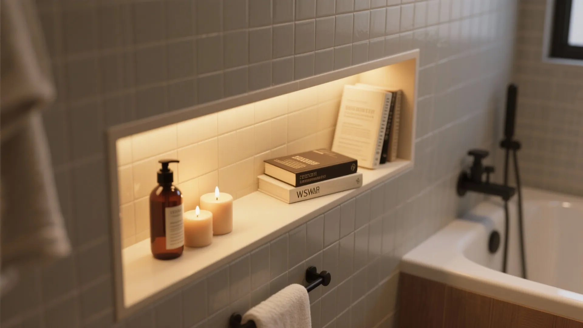 Built-in wall shelf with warm lighting holding books candles and soap near a white bathtub