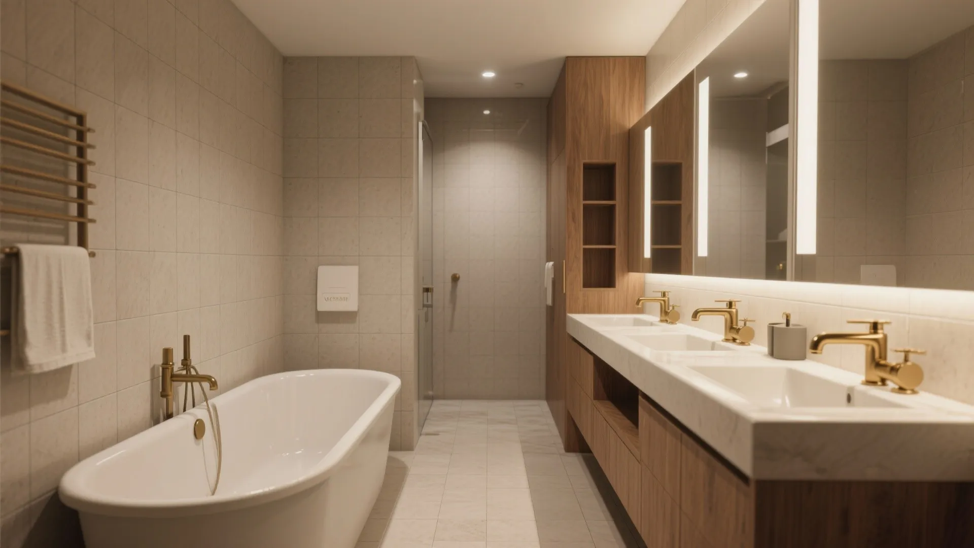 Modest tub positioned along the long wall with narrow vanity and vertical storage in a 10x7 bathroom
