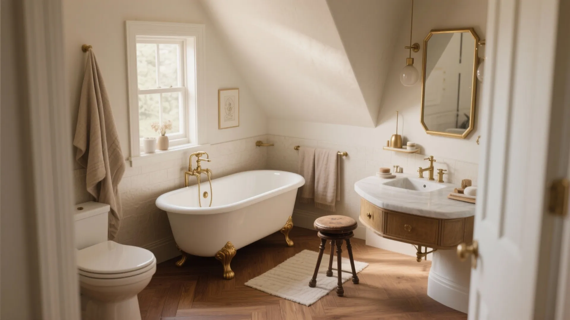 Elegant bathroom under sloped ceiling with clawfoot bathtub wooden vanity gold mirror and small window