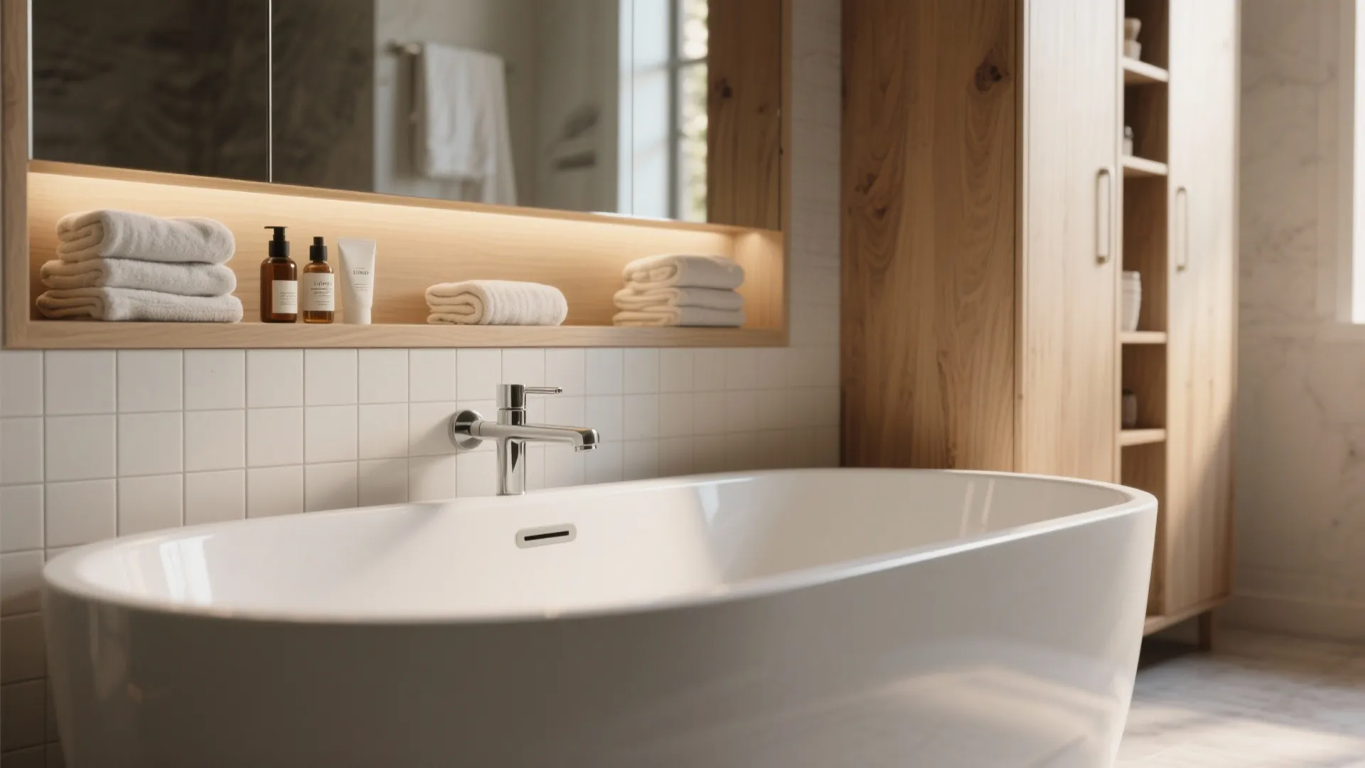 1. Slim freestanding tub with vertical storage