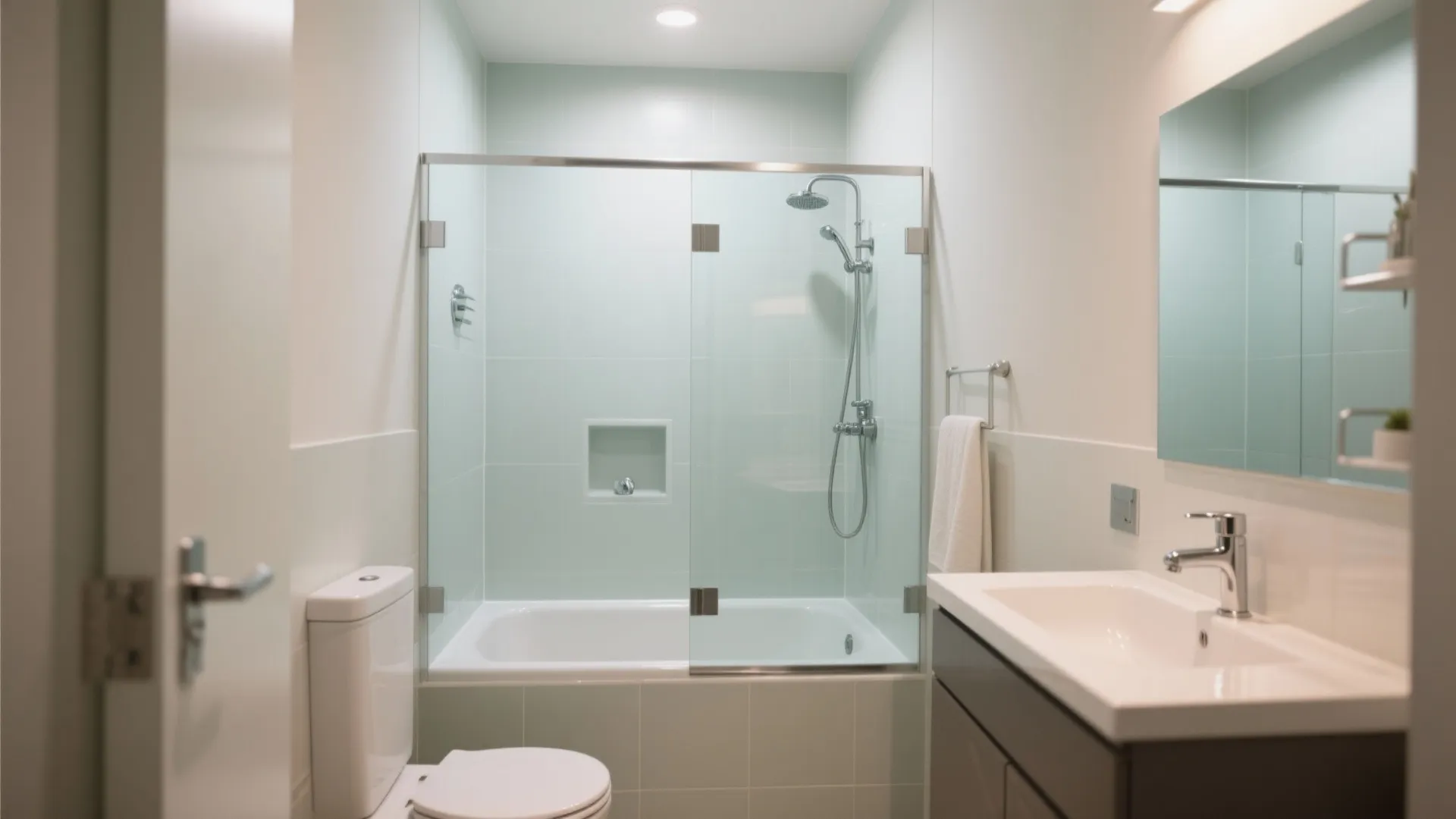 Modern bathroom featuring white toilet and sink with a combined glass shower and bathtub area