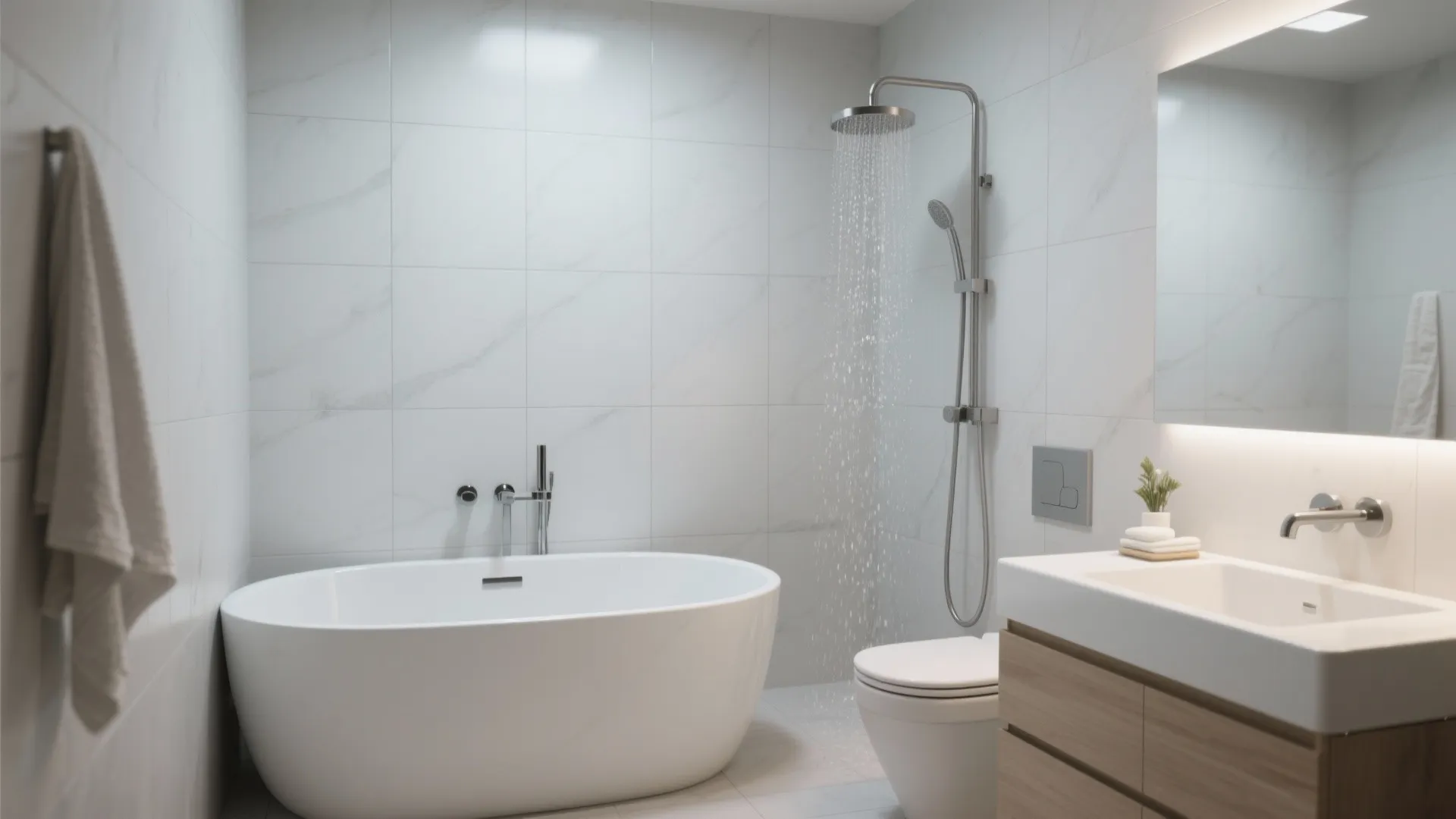 White bathroom interior with a freestanding bathtub shower head toilet wooden cabinet and marble walls