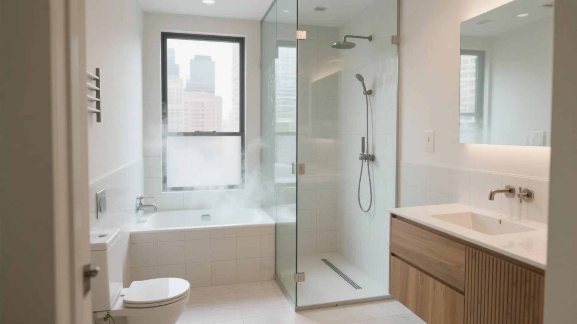 Modern bathroom with white bathtub glass shower toilet wooden cabinet white sink and large window view