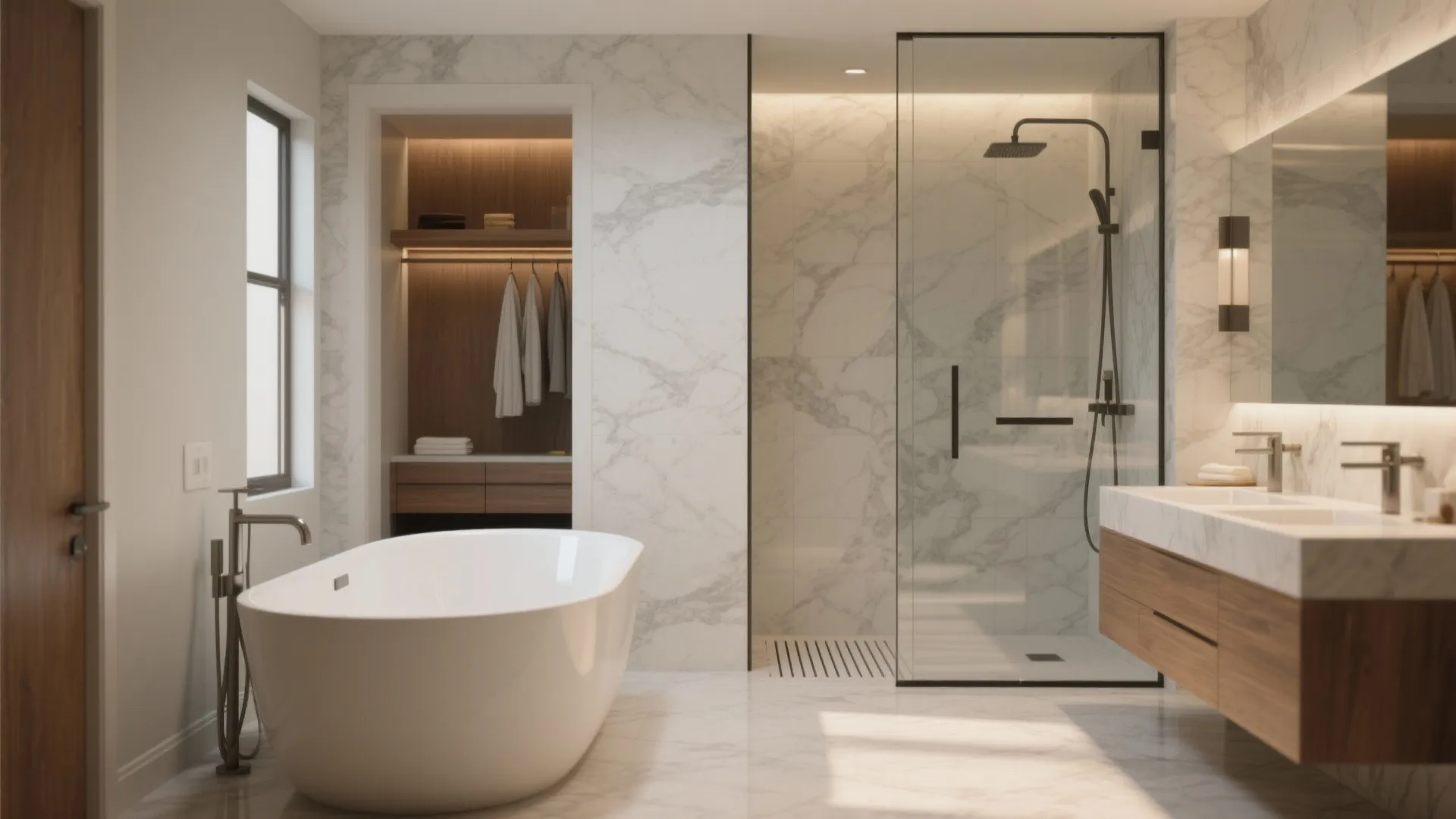 Compact freestanding tub beside a frameless glass shower along one wet wall, spa-like styling
