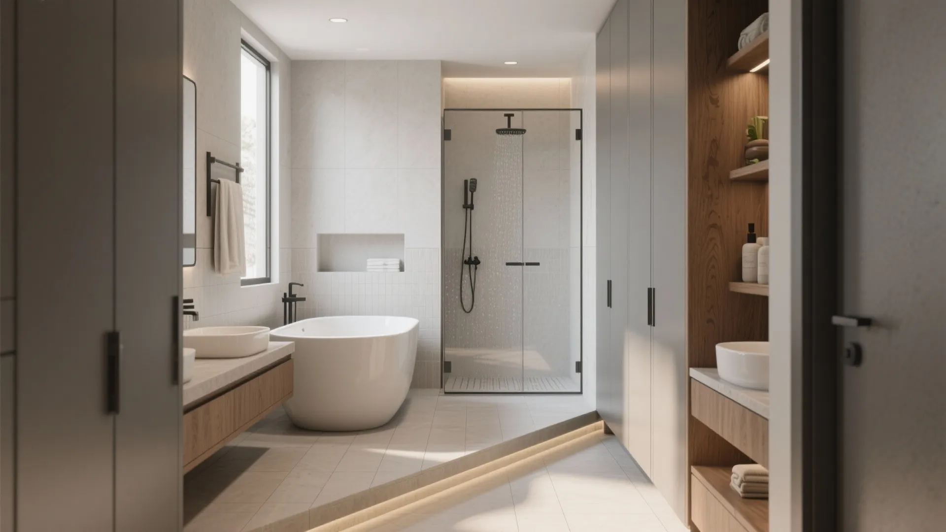 Long footprint small master bath showing a freestanding tub and shower sharing one waterproof wet zone.