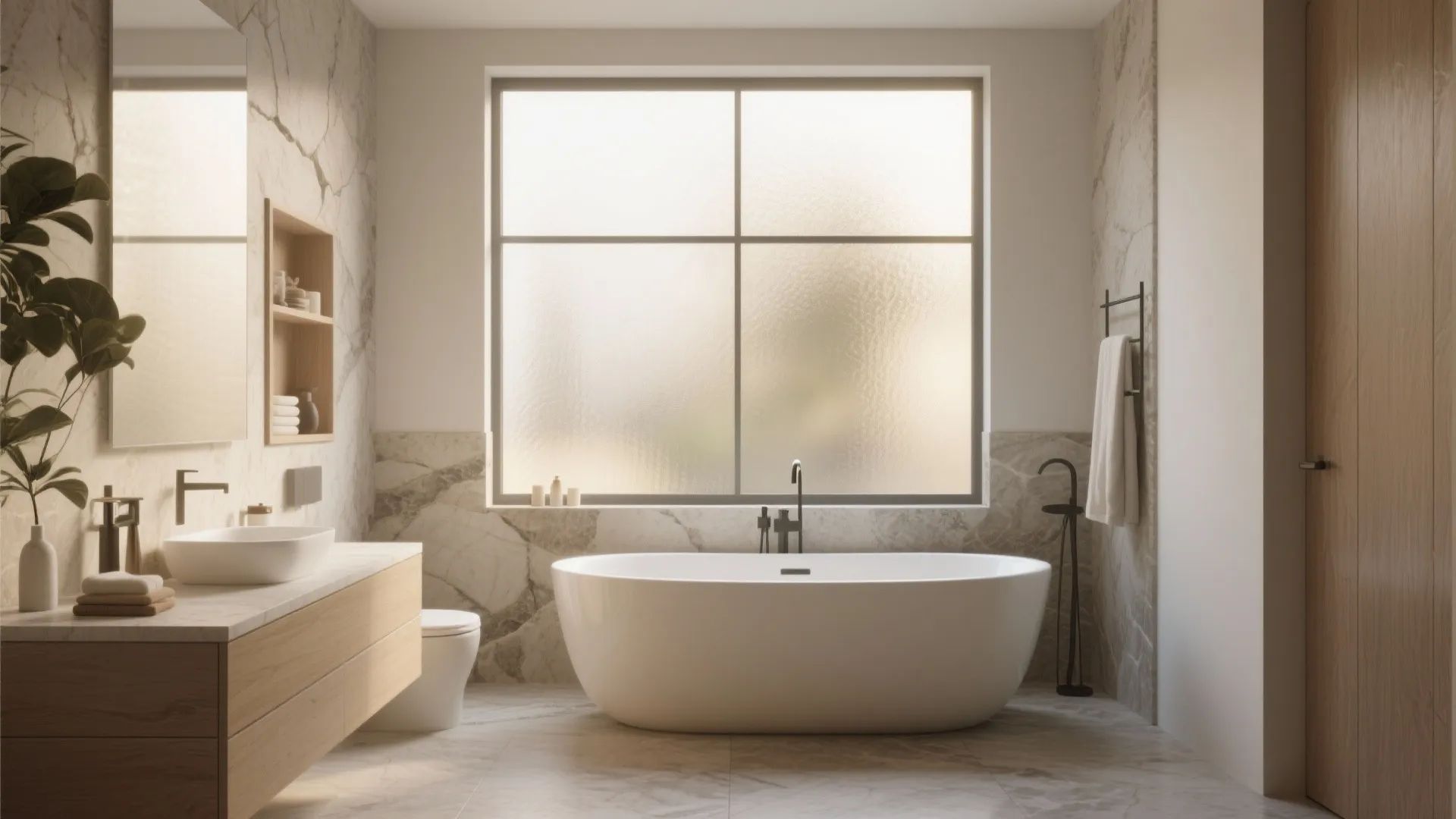 Modern bathroom featuring white bathtub under large window with marble walls and wooden storage cabinet