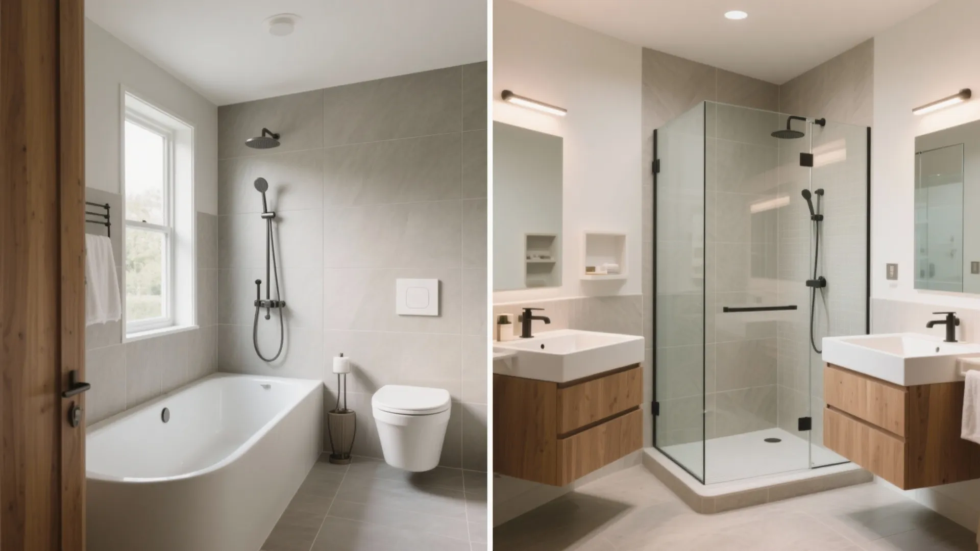 Side by side comparison of a bathroom with bathtub versus a bathroom with glass shower