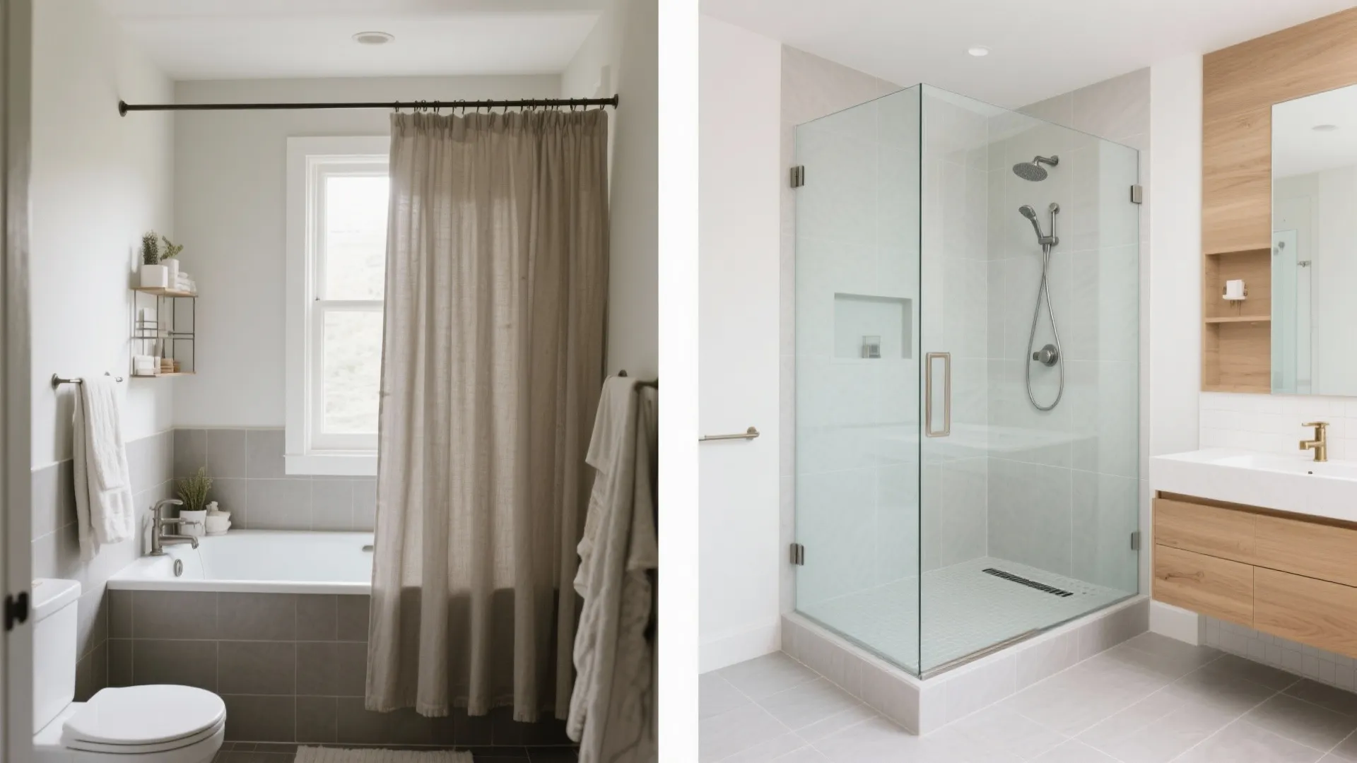 Side by side comparison of a bathtub with curtain and a modern glass shower room design