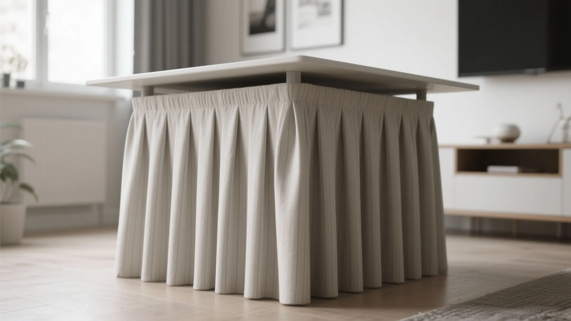 Modern square table with a long cream fabric skirt featuring vertical folds in a bright room