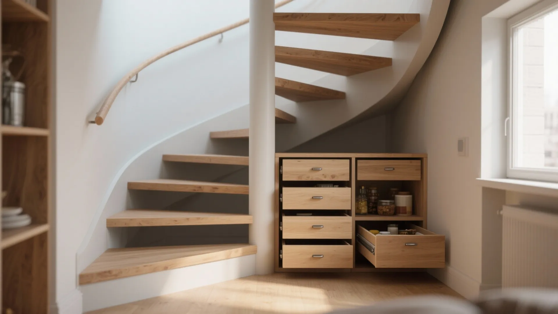Spiral wooden stairs with a white handrail and storage cabinet underneath in a bright room