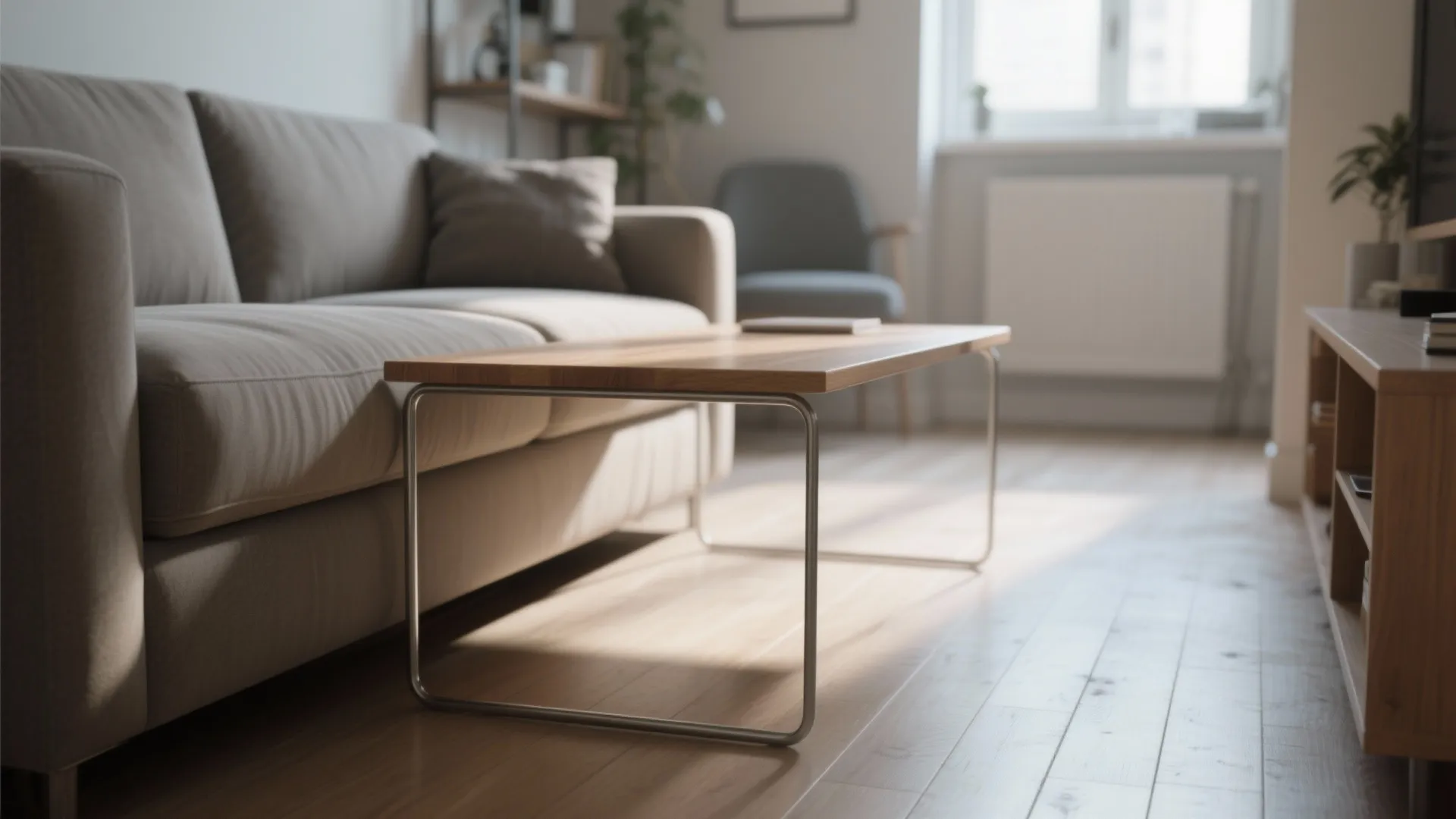 Slim coffee table tucked partly under a sofa in a narrow living room, showing cleared circulation and pull-up functionality.