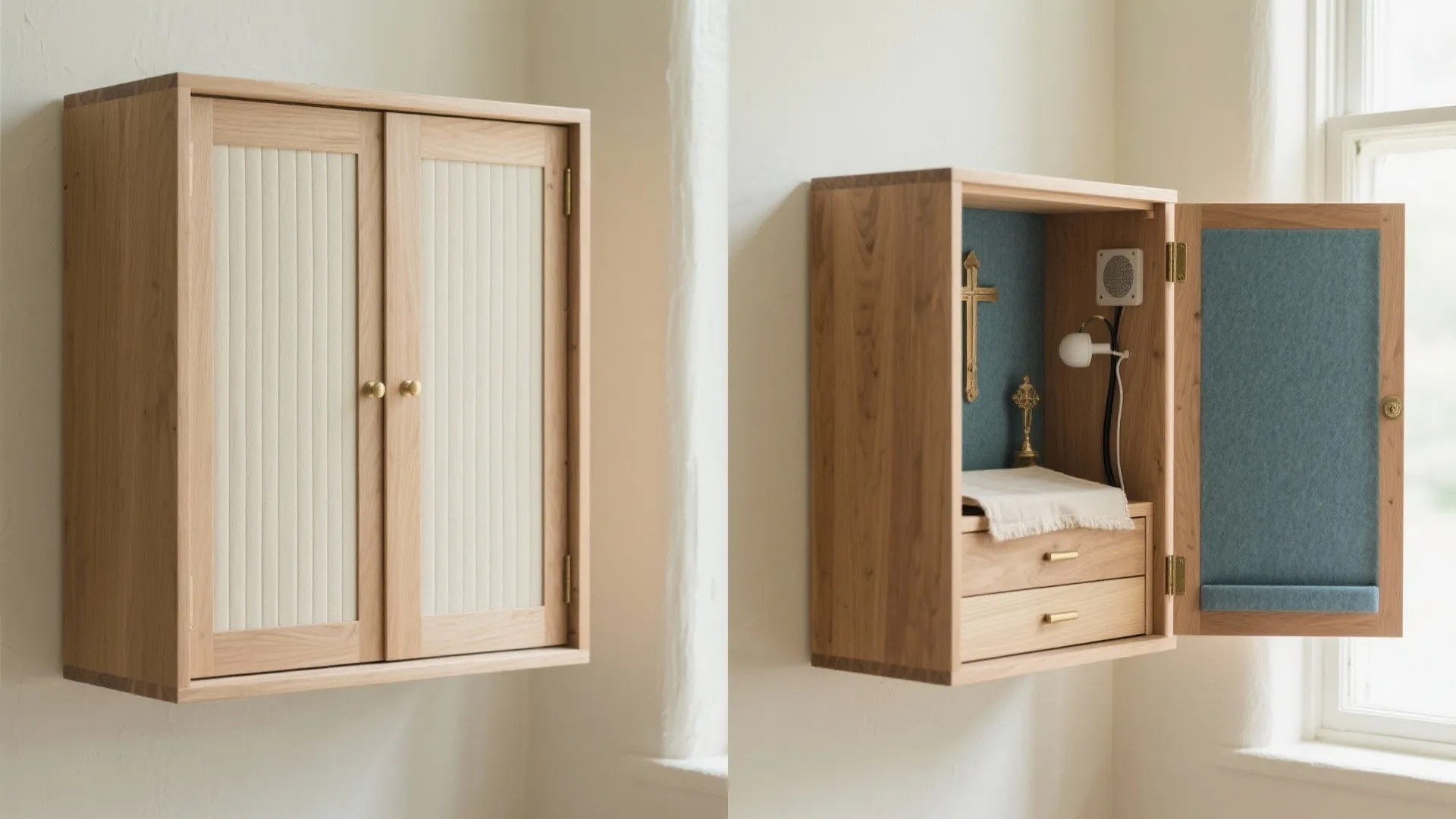 Comparison of a closed and open small wooden wall cabinet showing blue interior with shelves