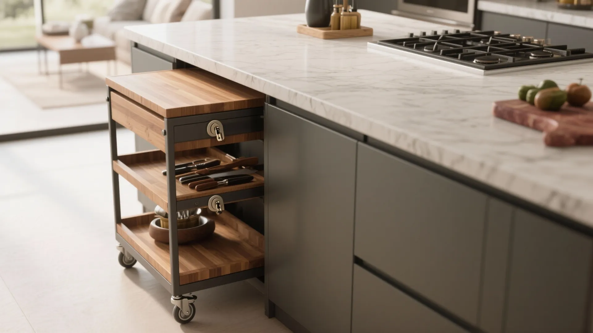 Pull out kitchen cart with wooden shelves and wheels stored under a white marble countertop