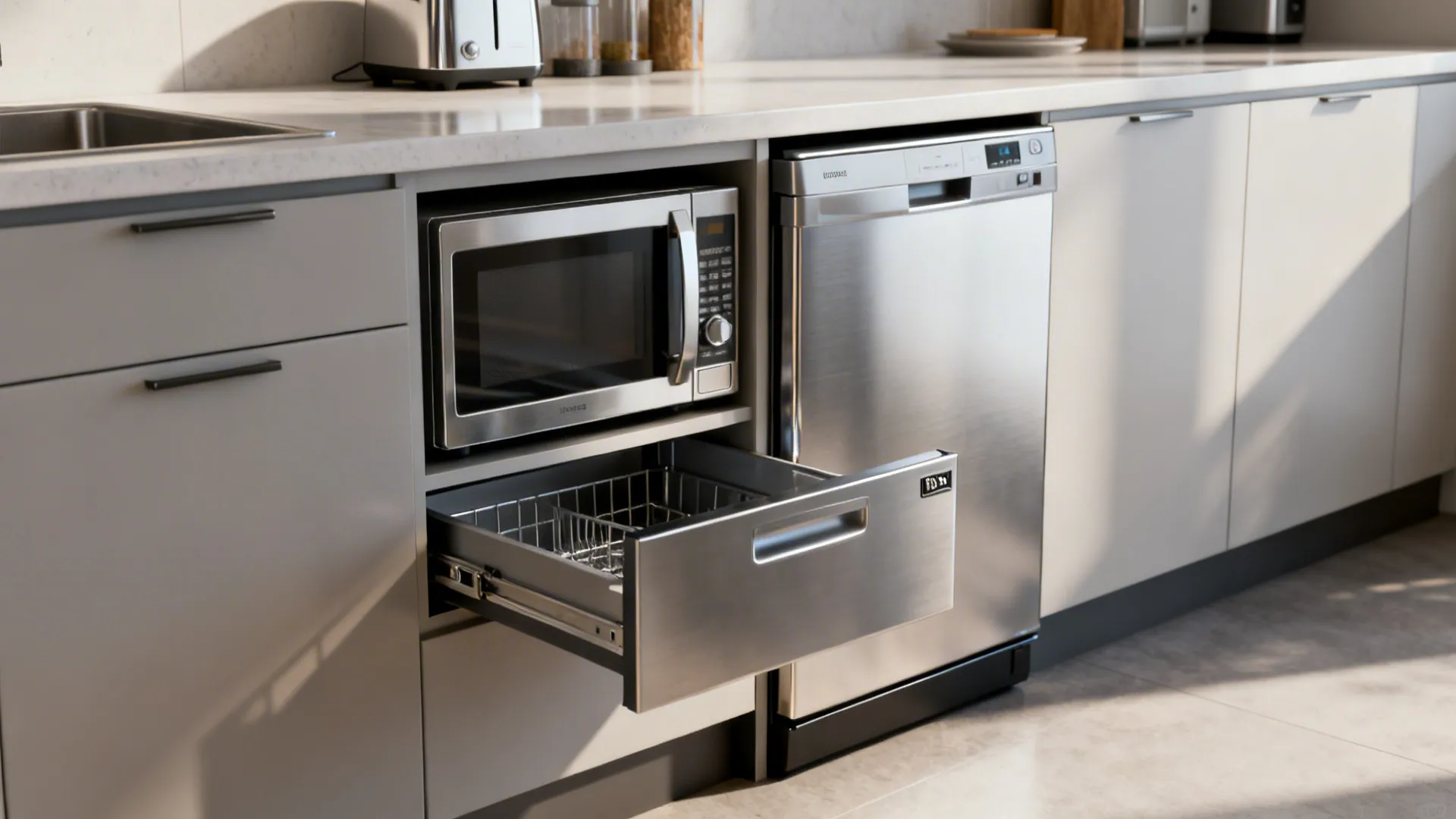 Compact appliances like drawer microwave and slim dishwasher integrated into cabinetry.