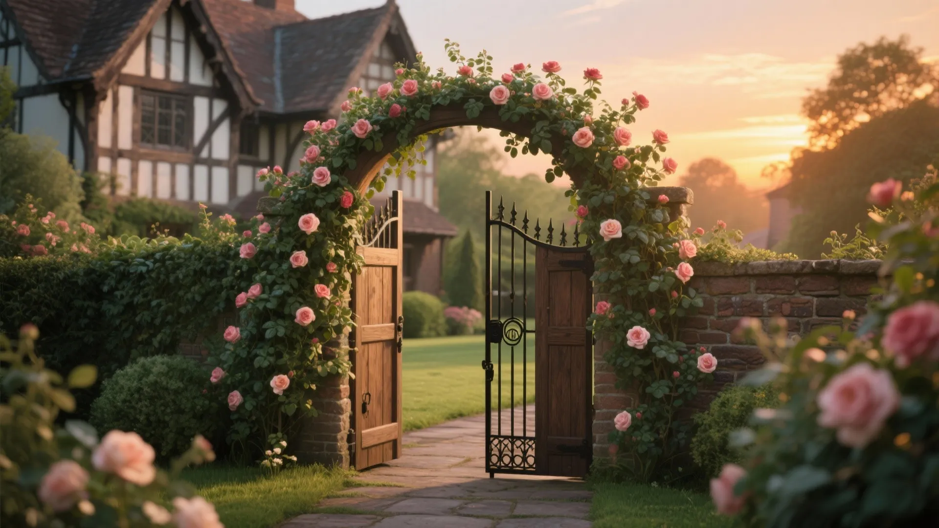 Wooden garden gate under pink rose arch leading to traditional house during a warm sunset