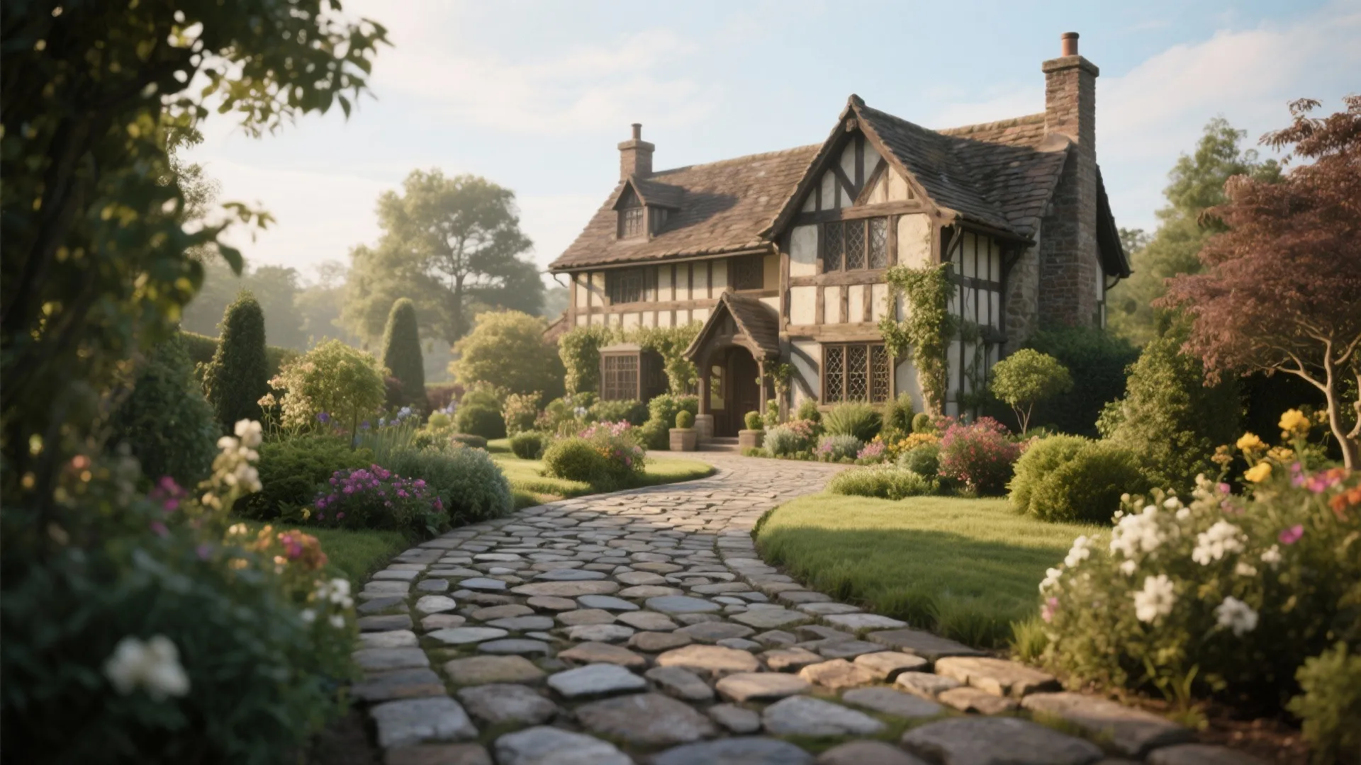 Classic old house with timber walls a stone path green grass and many colorful flowers
