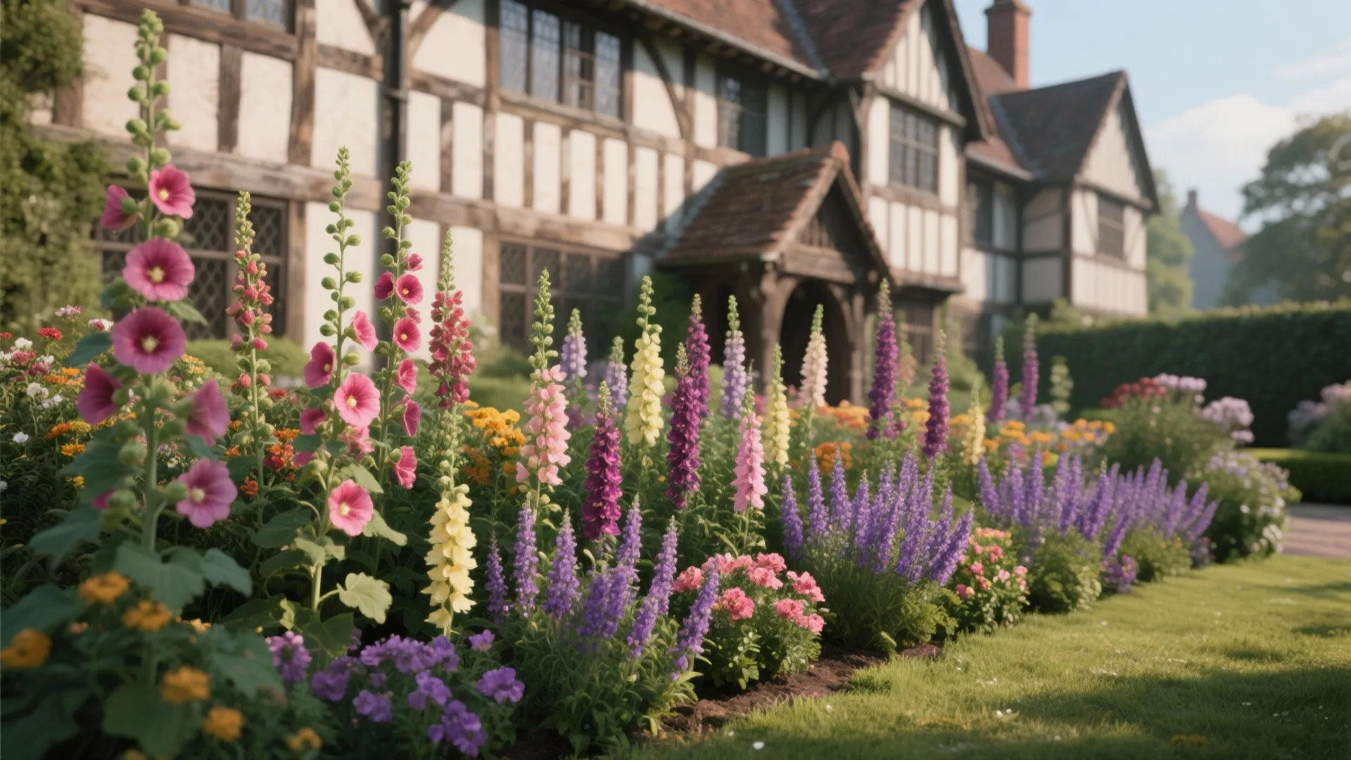 Colorful tall flowers growing in front of a traditional house with wooden beams and windows