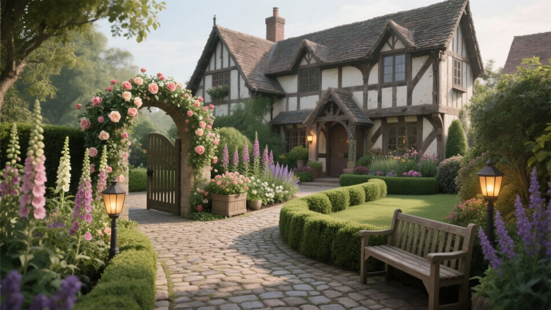 Front yard featuring stone path rose arch wooden bench flowers and traditional timber framed house