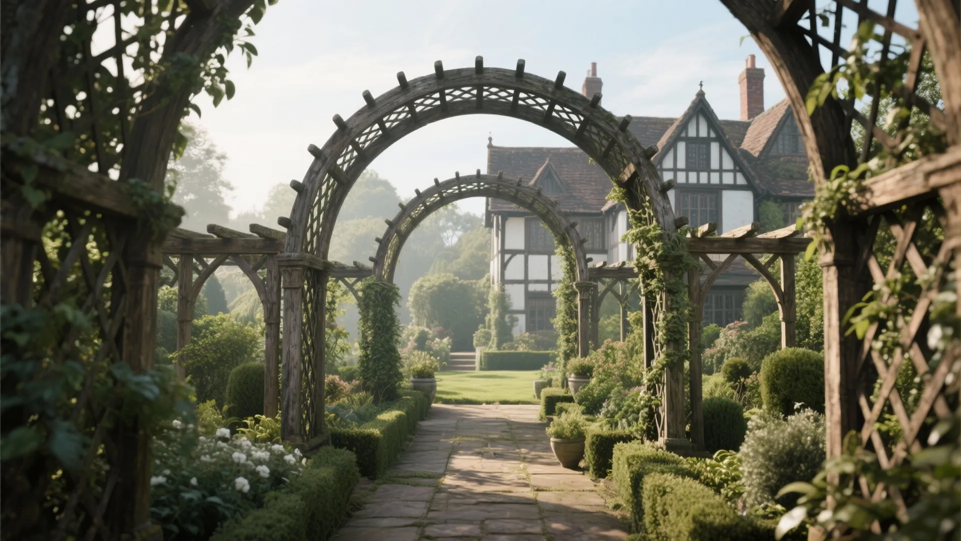 English garden with wooden arch structures leading to a traditional house with white walls and windows