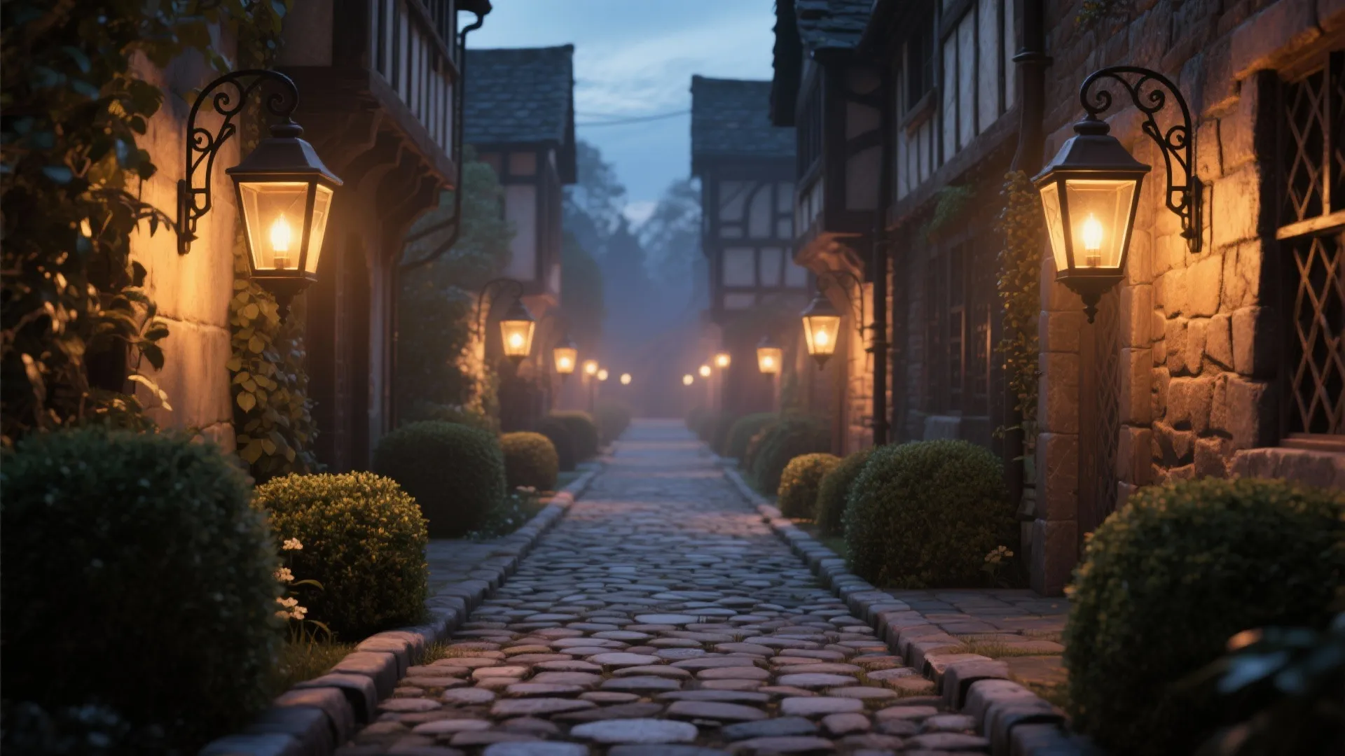 Cobblestone path with glowing wall lights on old style buildings at evening in a village