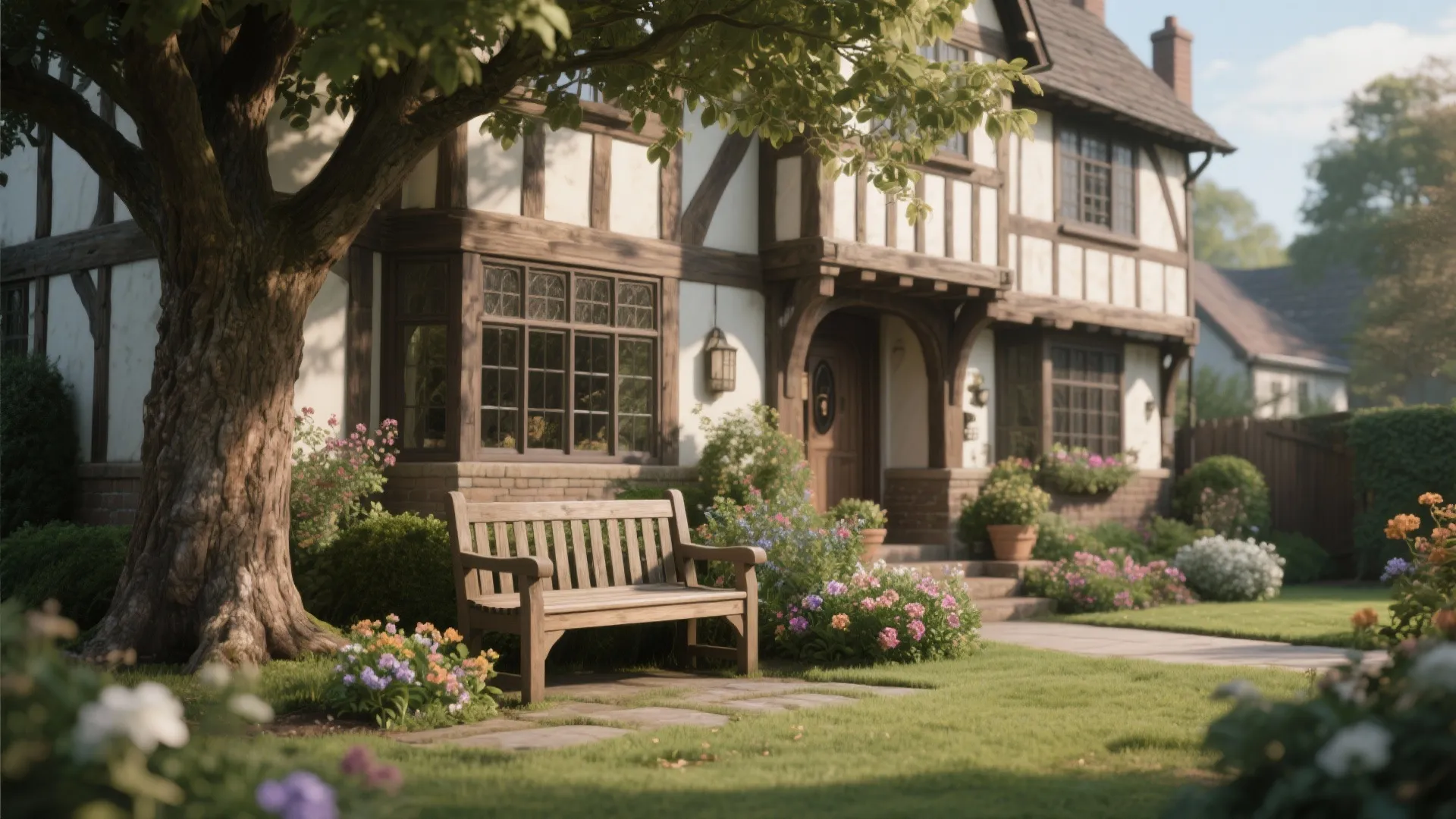 Wooden garden bench under a large tree in front of a traditional house with flower beds