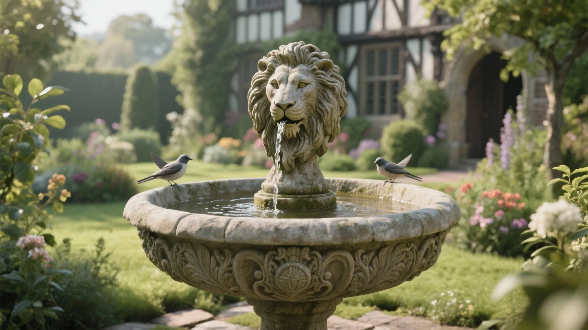 Stone lion head fountain with two birds in a green garden near a traditional style house