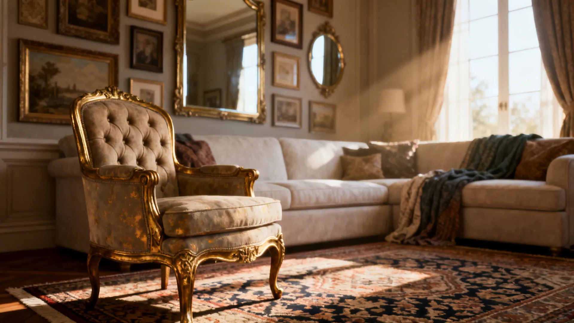 Tufted accent chair with antique gold gilding anchoring a gallery wall in a traditional living room