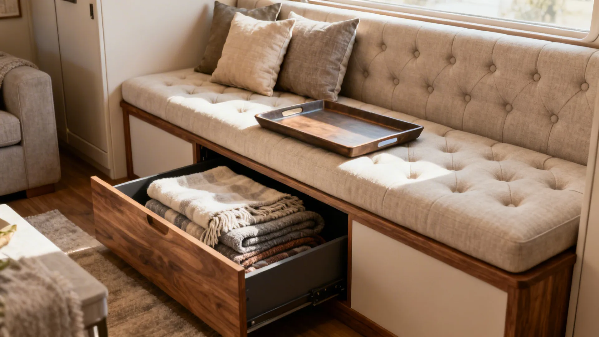 Narrow tufted bench doubling as storage and coffee-table substitute in a small living room.