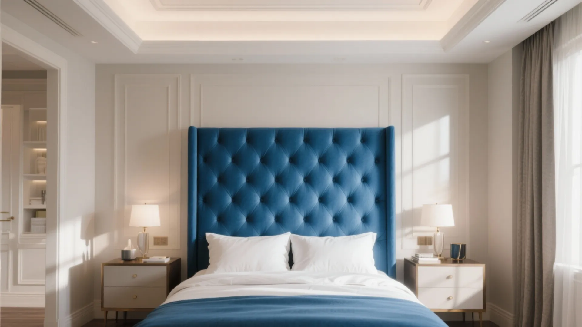 Bedroom featuring a tall tufted royal blue headboard with neutral walls