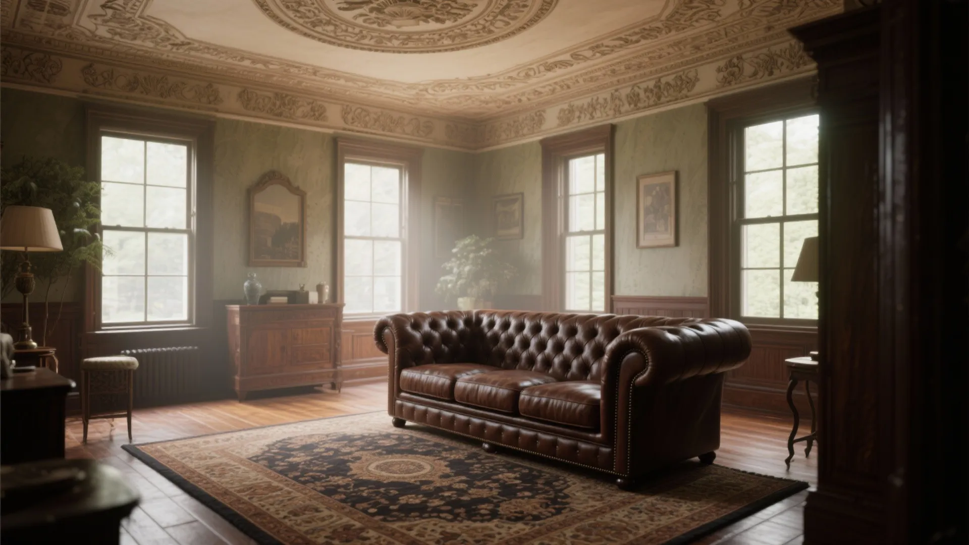 Victorian living room with a leather tufted Chesterfield sofa