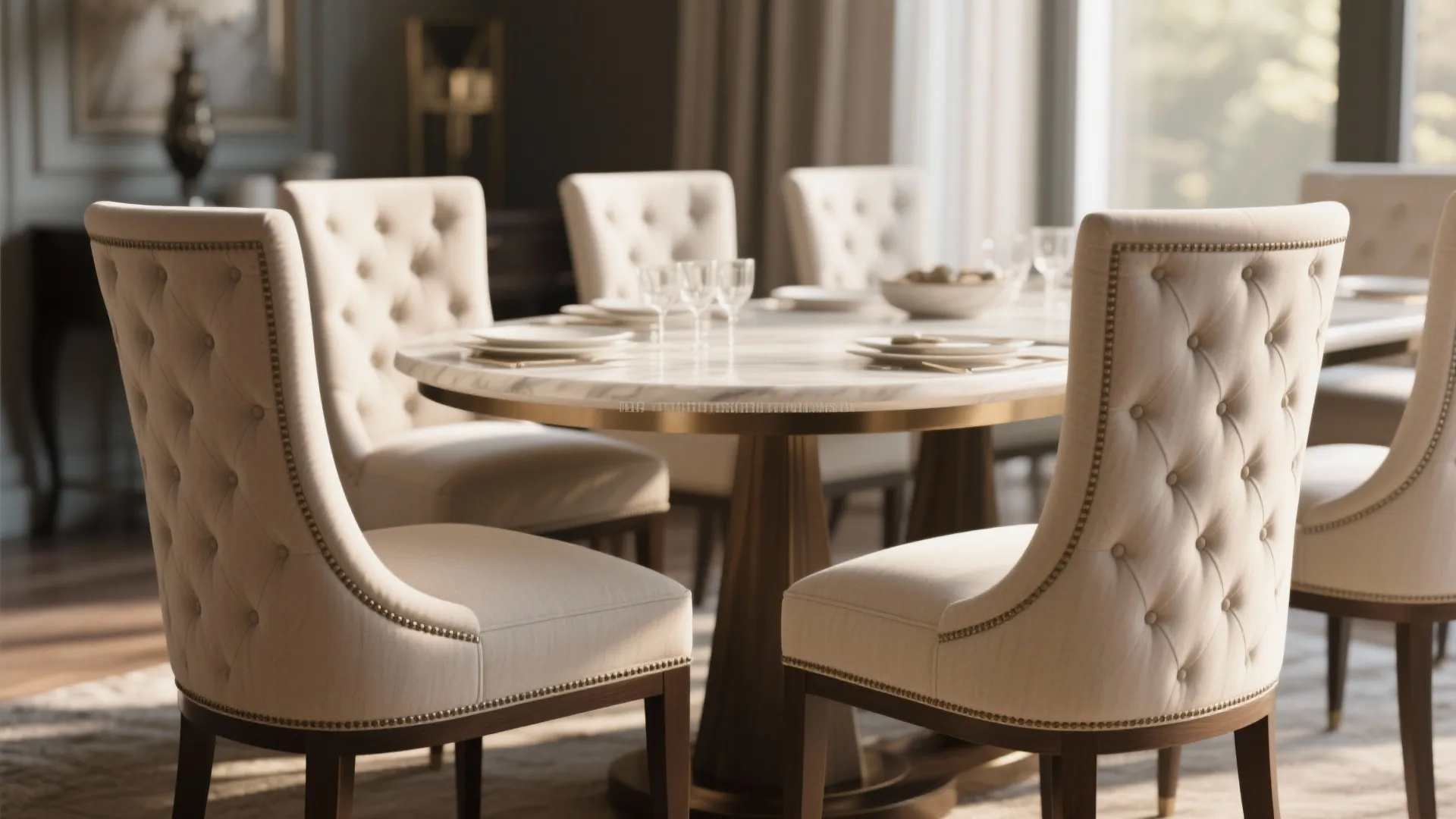 Round marble dining table with elegant beige chairs in a sunlit room with large windows