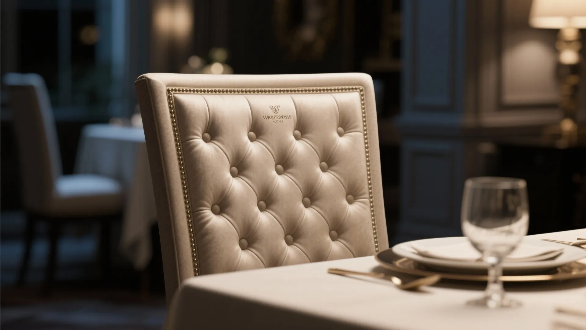 Elegant white button tufted dining chair back view on a table with wine glass dinnerware