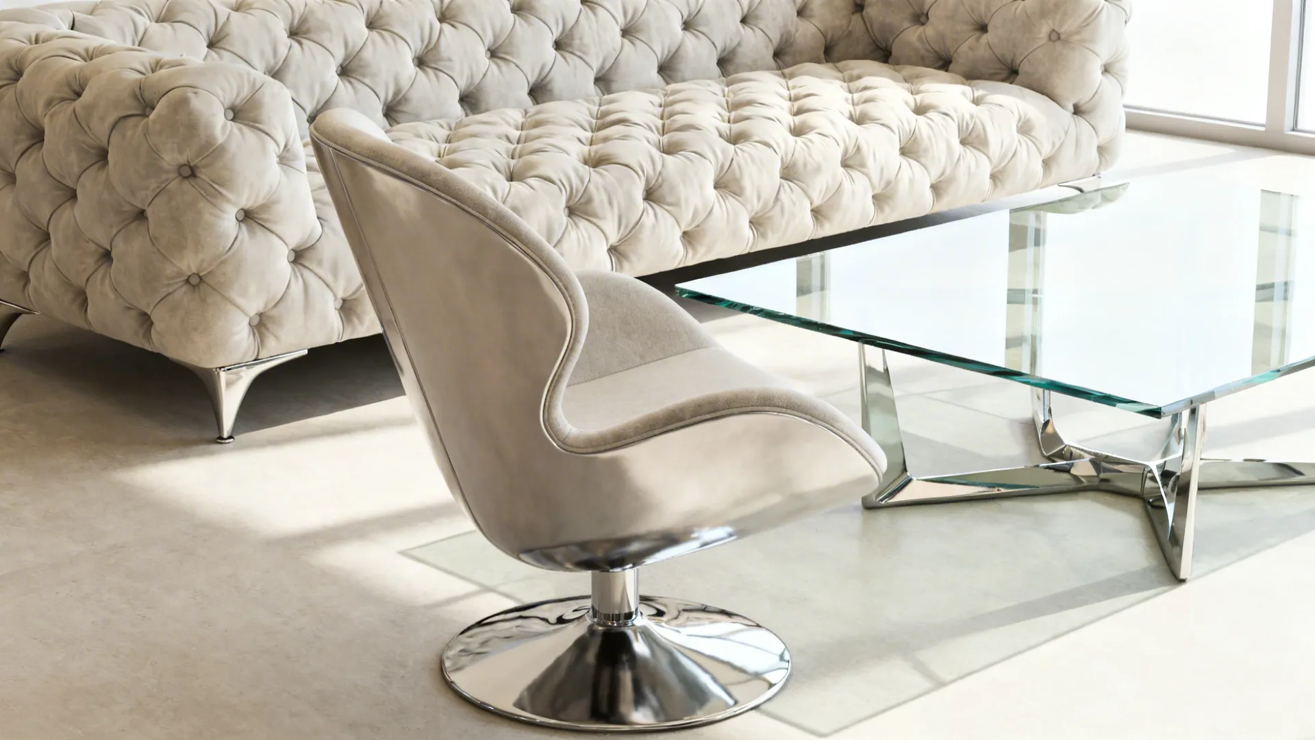 4. Tufted modern sofa, glass-top table, and sculptural armchair