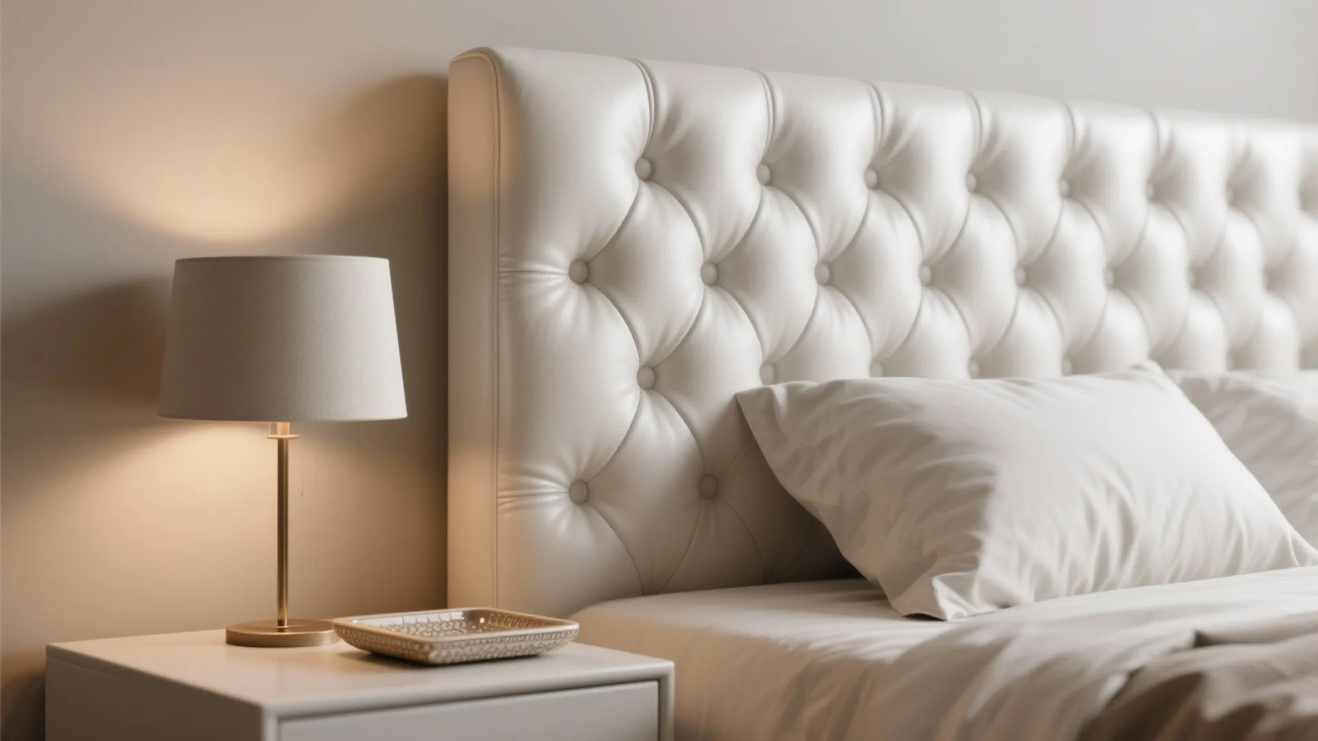 Close-up of a white tufted leather headboard with a minimal bedside vignette.
