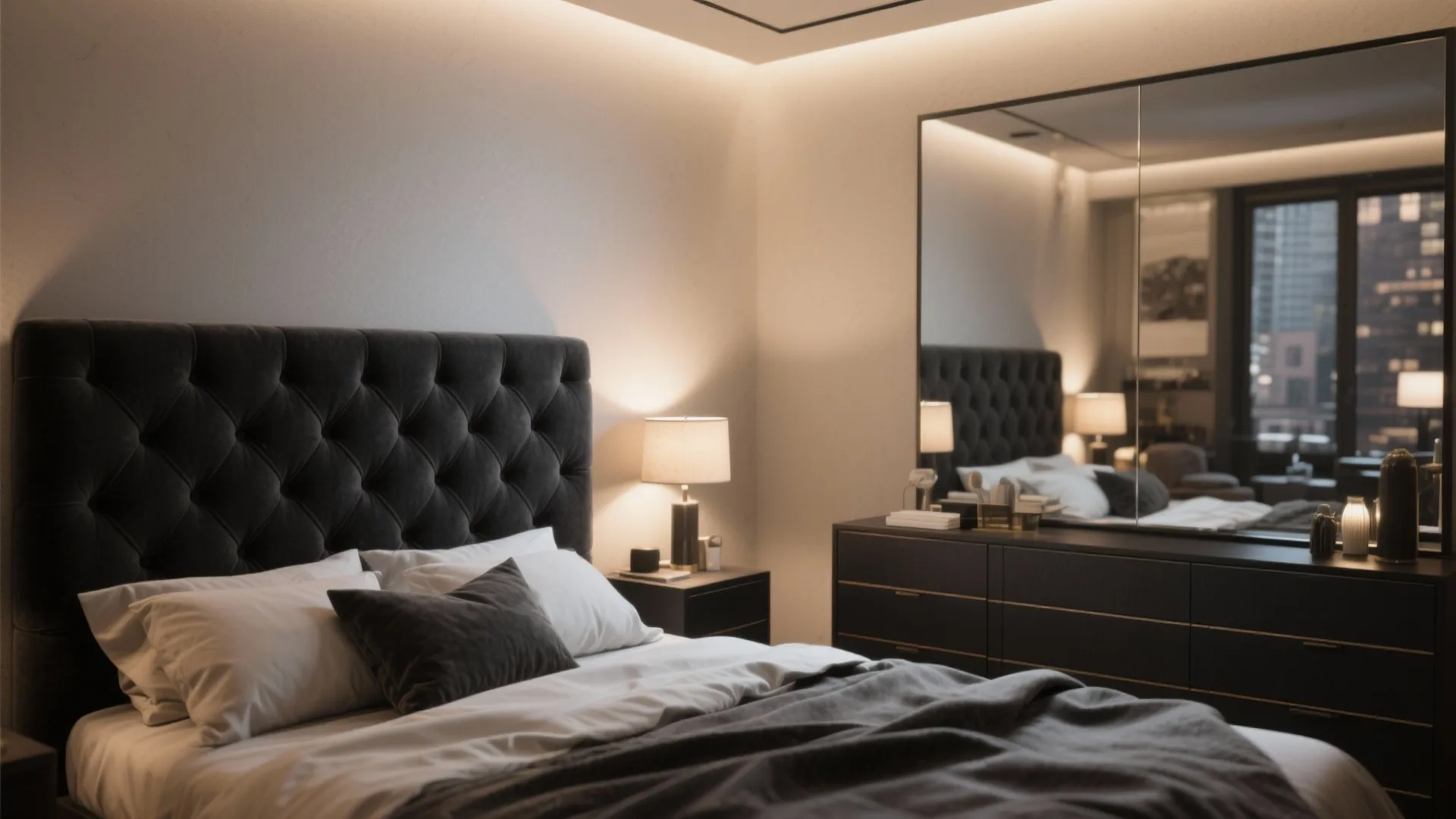 2. Black tufted headboard and mirrored dresser