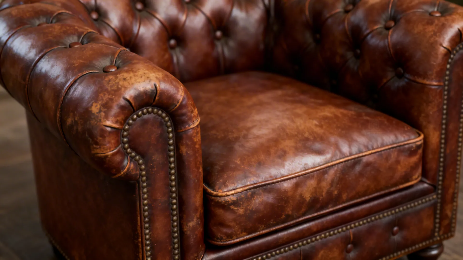 Close-up of tufted leather chair showing button tufting and stitched leather