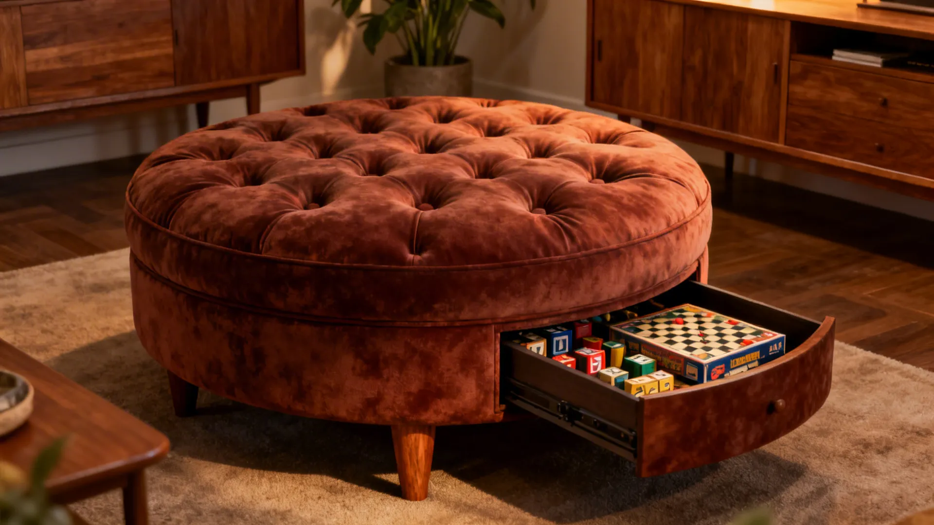 Mid-century living room with a large tufted round ottoman used as a statement piece with storage for board games.