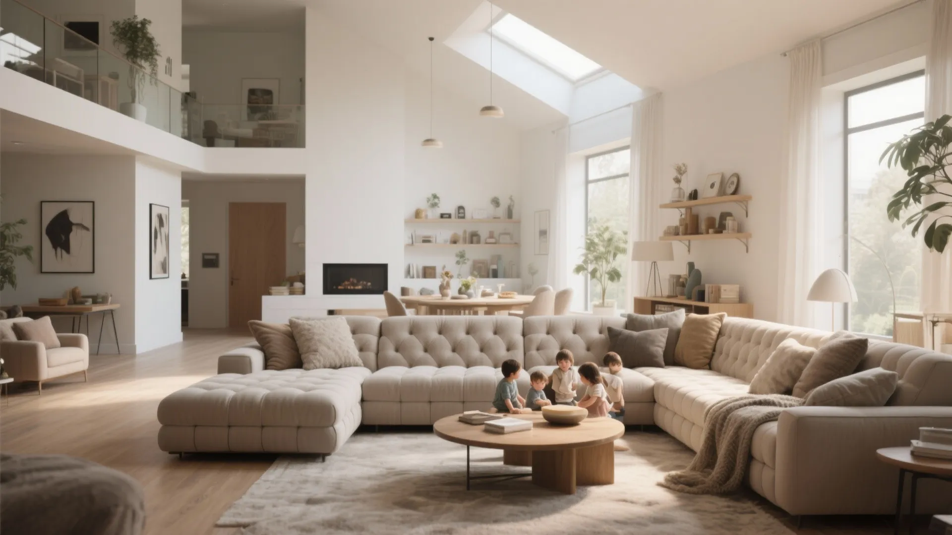 Large tufted sectional sofa in an open-plan family living area