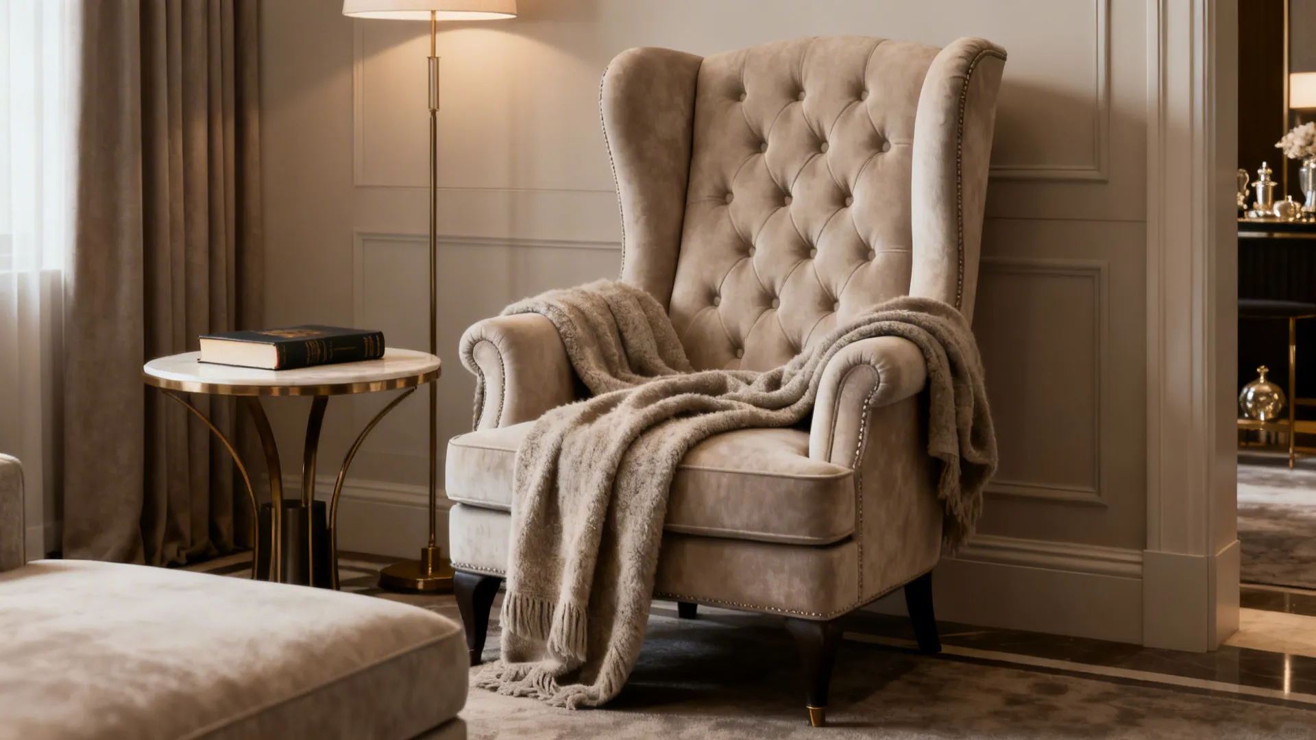 Beige armchair with soft blanket next to side table gold floor lamp and wall panel