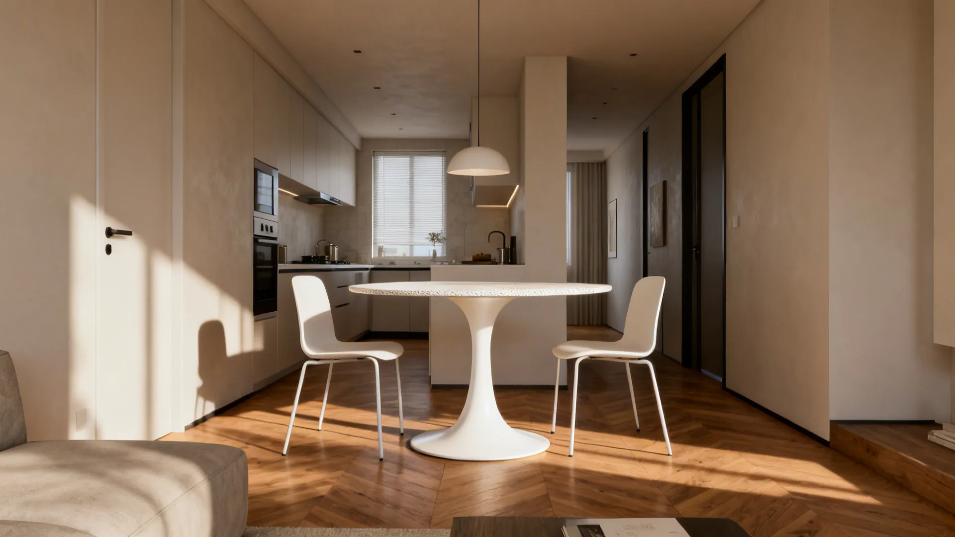 White tulip pedestal round table in a narrow open-plan kitchen with clear walkways