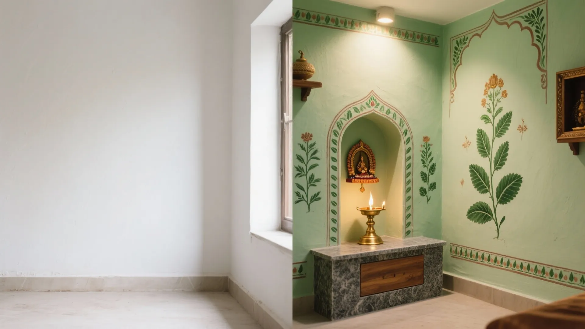 Whitewashed Walls with Tulsi Motifs and Stone Plinth